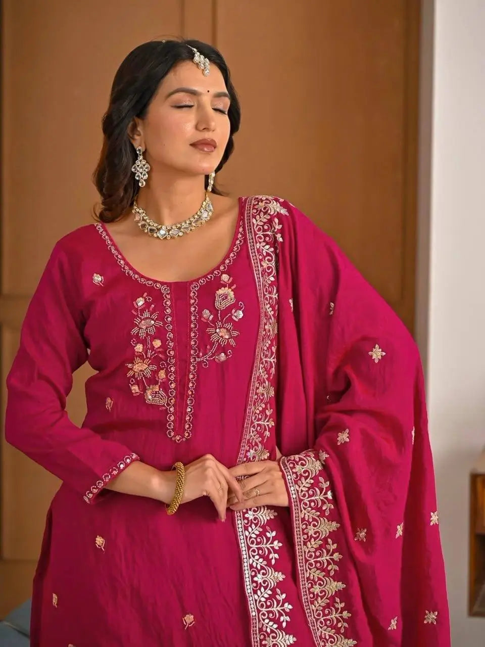 Shop Embroidered Sharara Suit Set with Vichitra Dupatta for Wedding Festive Party Wear