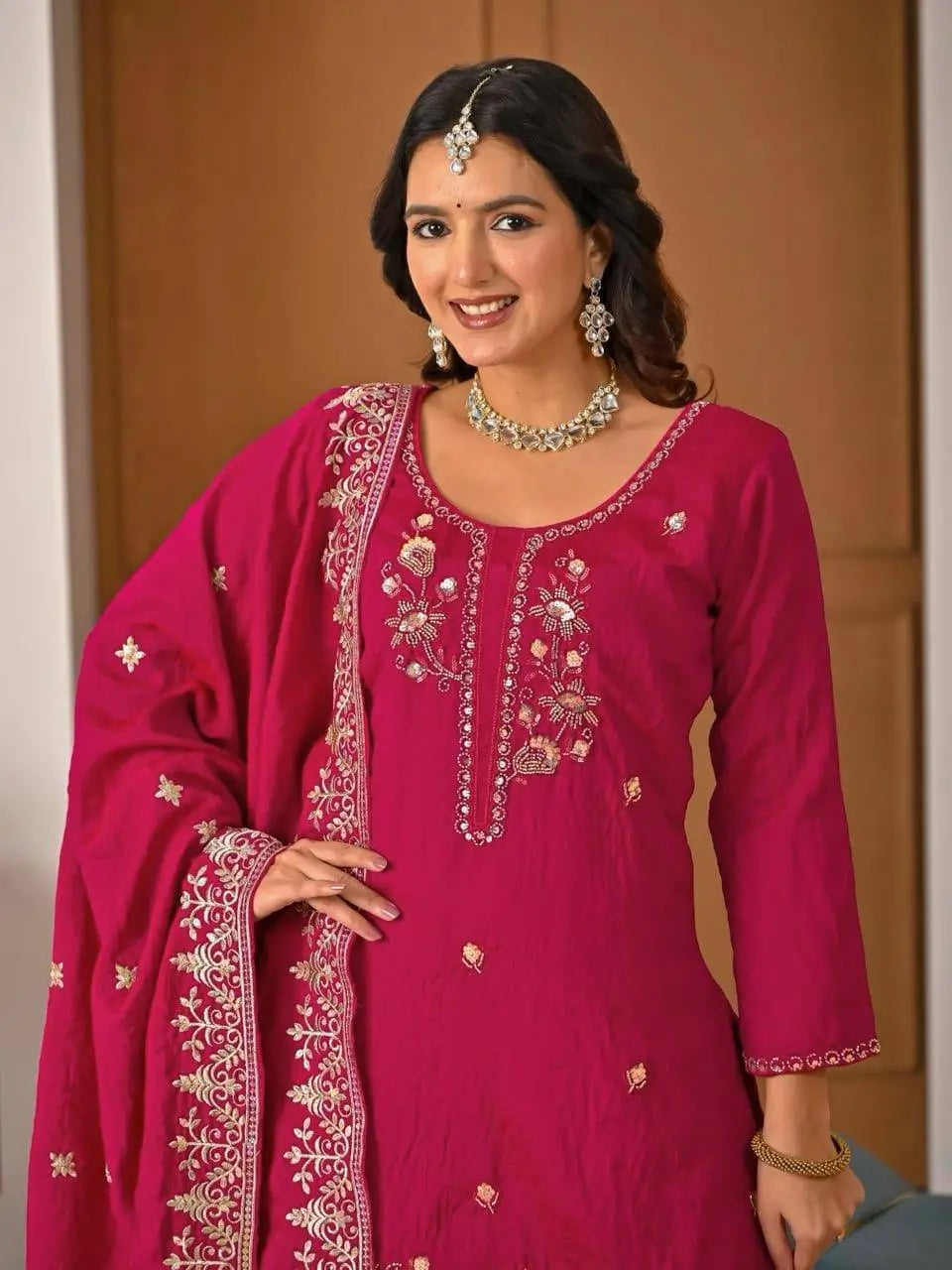 Shop Embroidered Sharara Suit Set with Vichitra Dupatta for Wedding Festive Party Wear