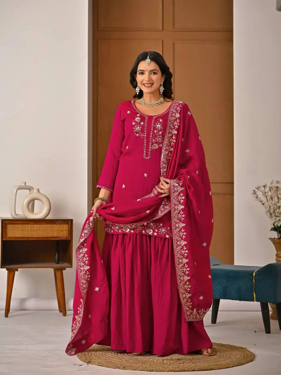 Shop Embroidered Sharara Suit Set with Vichitra Dupatta for Wedding Festive Party Wear