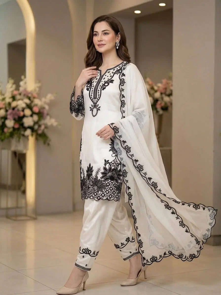 Shop Glass Roman Cut Work Farshi Salwar Suit with Organza Dupatta for Festive Party Wear