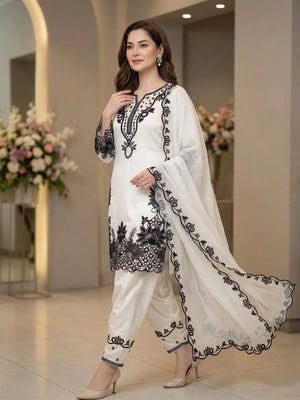Shop Glass Roman Cut Work Farshi Salwar Suit with Organza Dupatta for Festive Party Wear