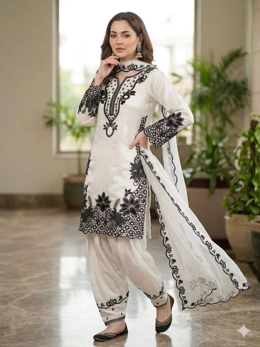 Shop Glass Roman Cut Work Farshi Salwar Suit with Organza Dupatta for Festive Party Wear