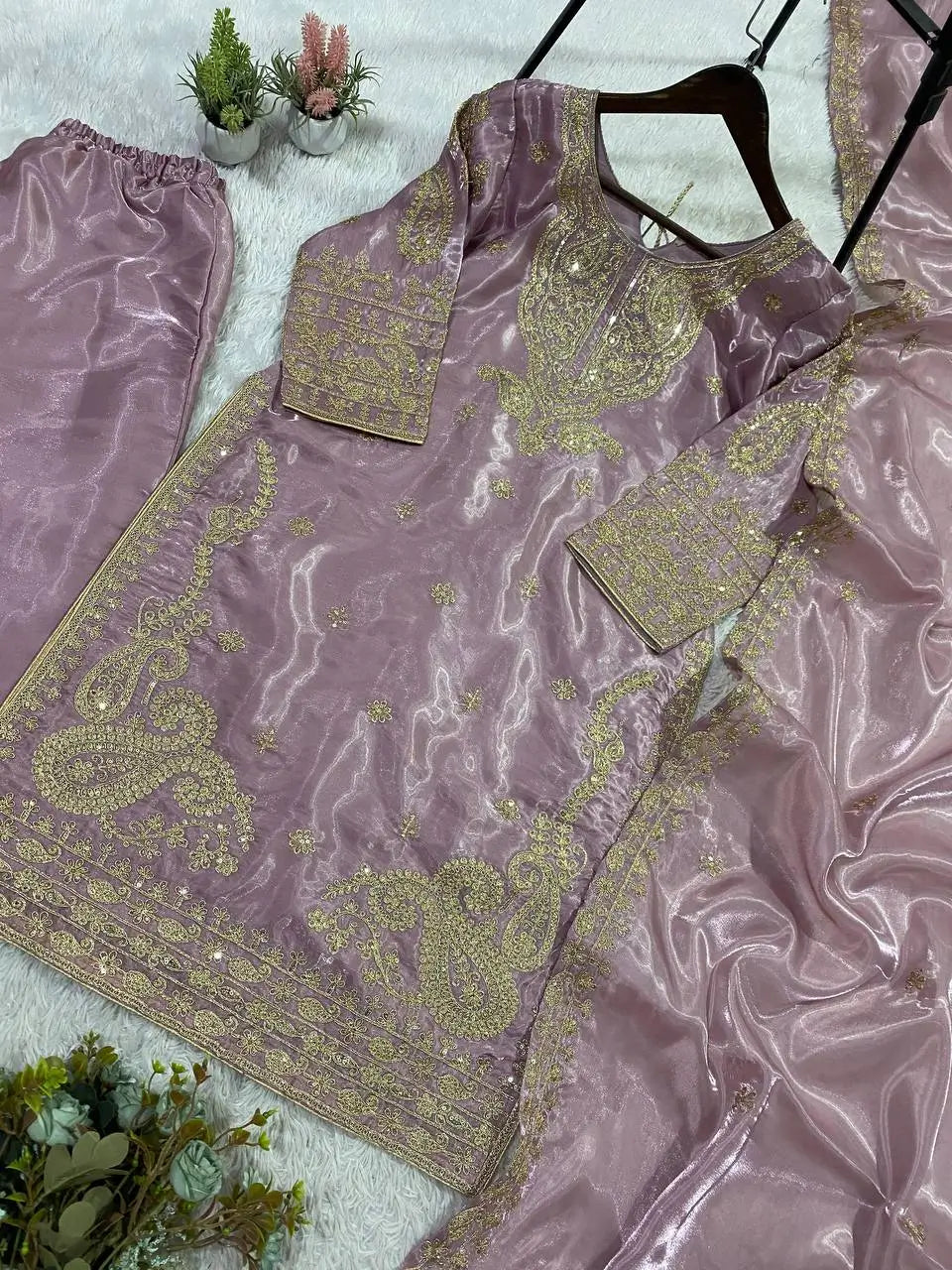 Shop Glass Roman Embroidered Palazzo Suit Set with Dupatta for Wedding Festive Party Wear