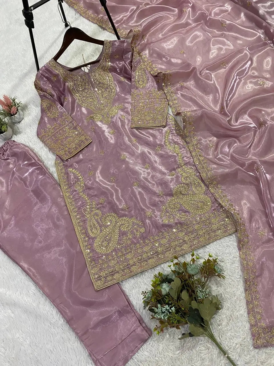Shop Glass Roman Embroidered Palazzo Suit Set with Dupatta for Wedding Festive Party Wear