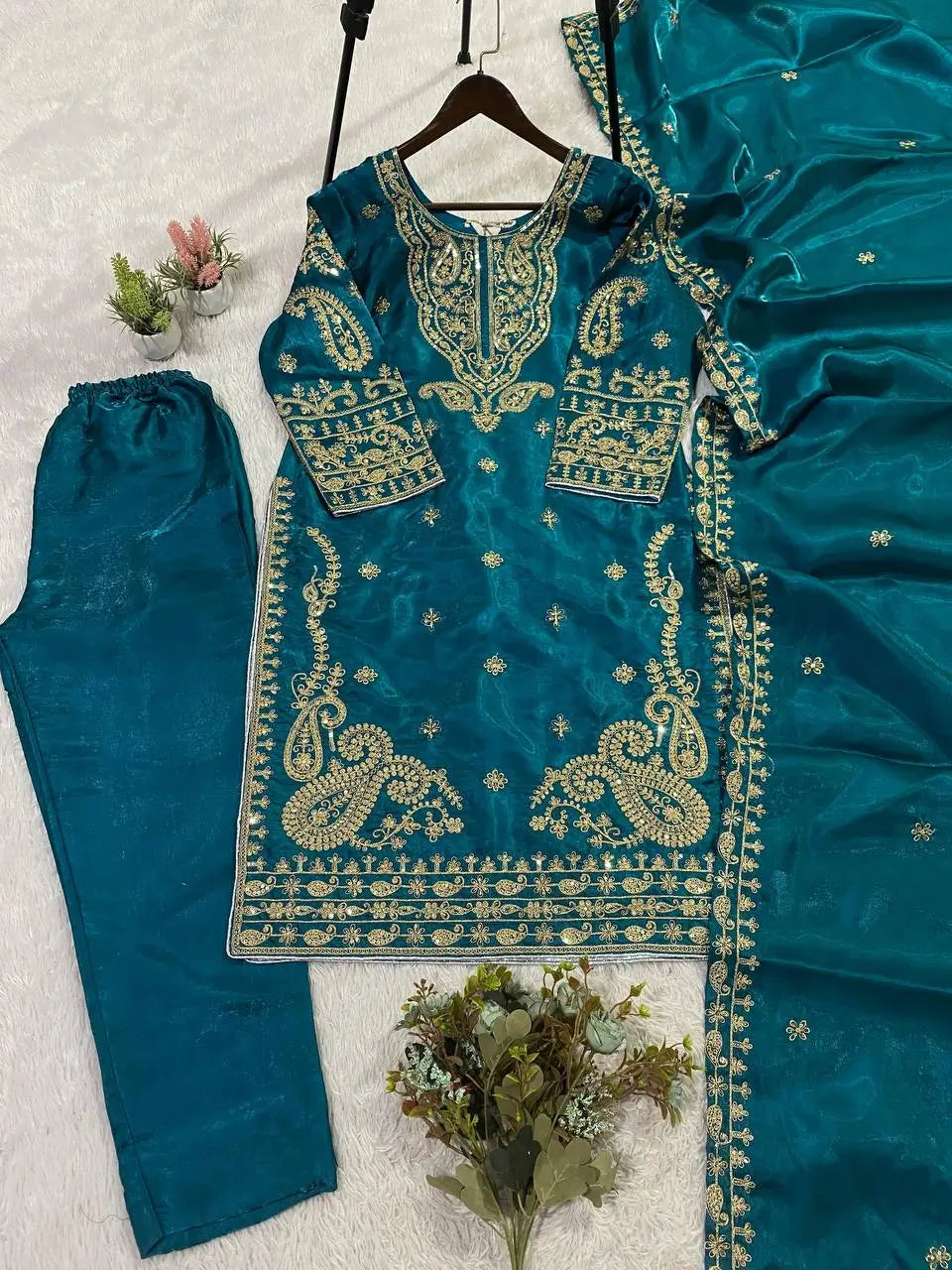 Shop Glass Roman Embroidered Palazzo Suit Set with Dupatta for Wedding Festive Party Wear