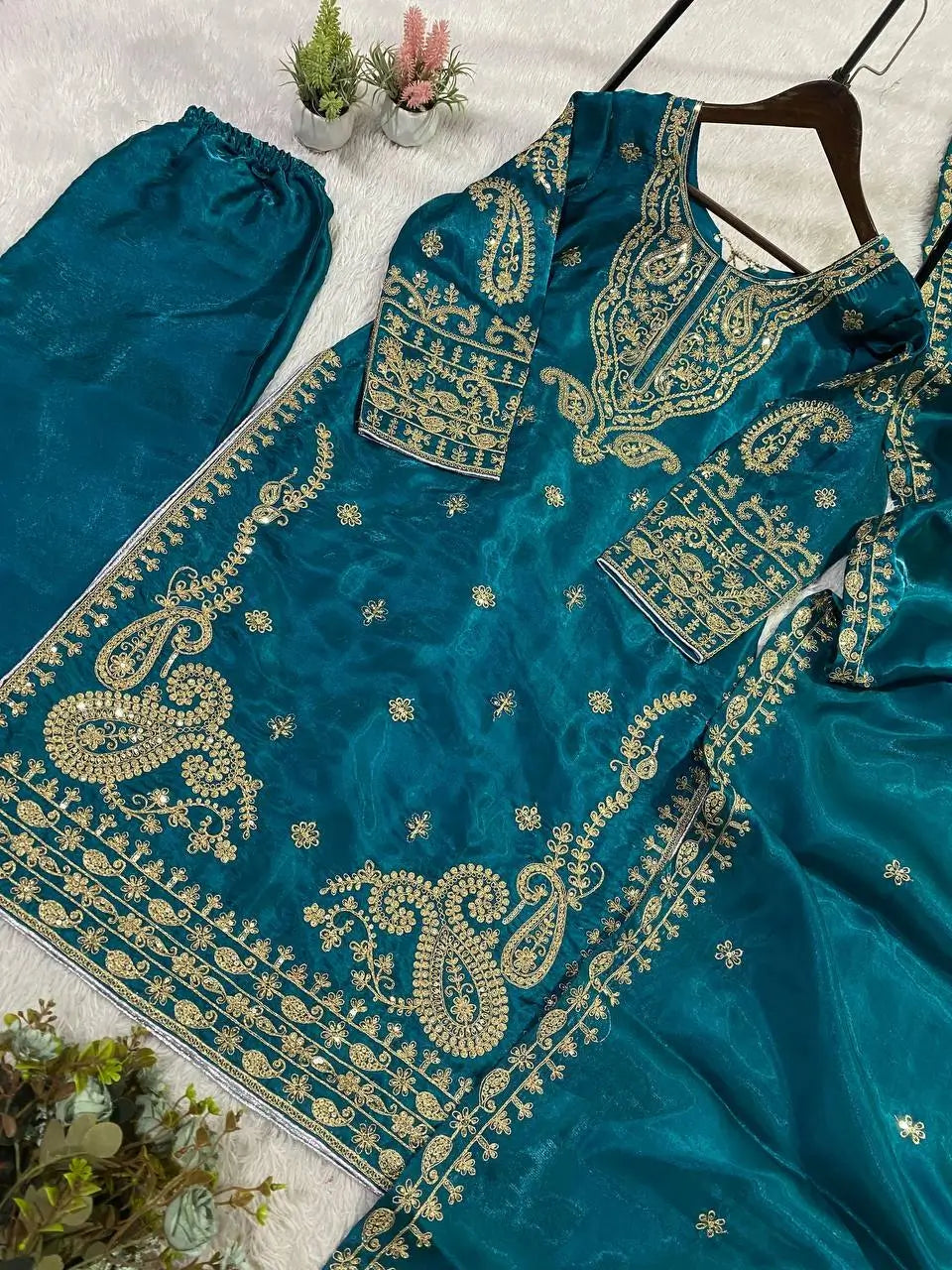 Shop Glass Roman Embroidered Palazzo Suit Set with Dupatta for Wedding Festive Party Wear