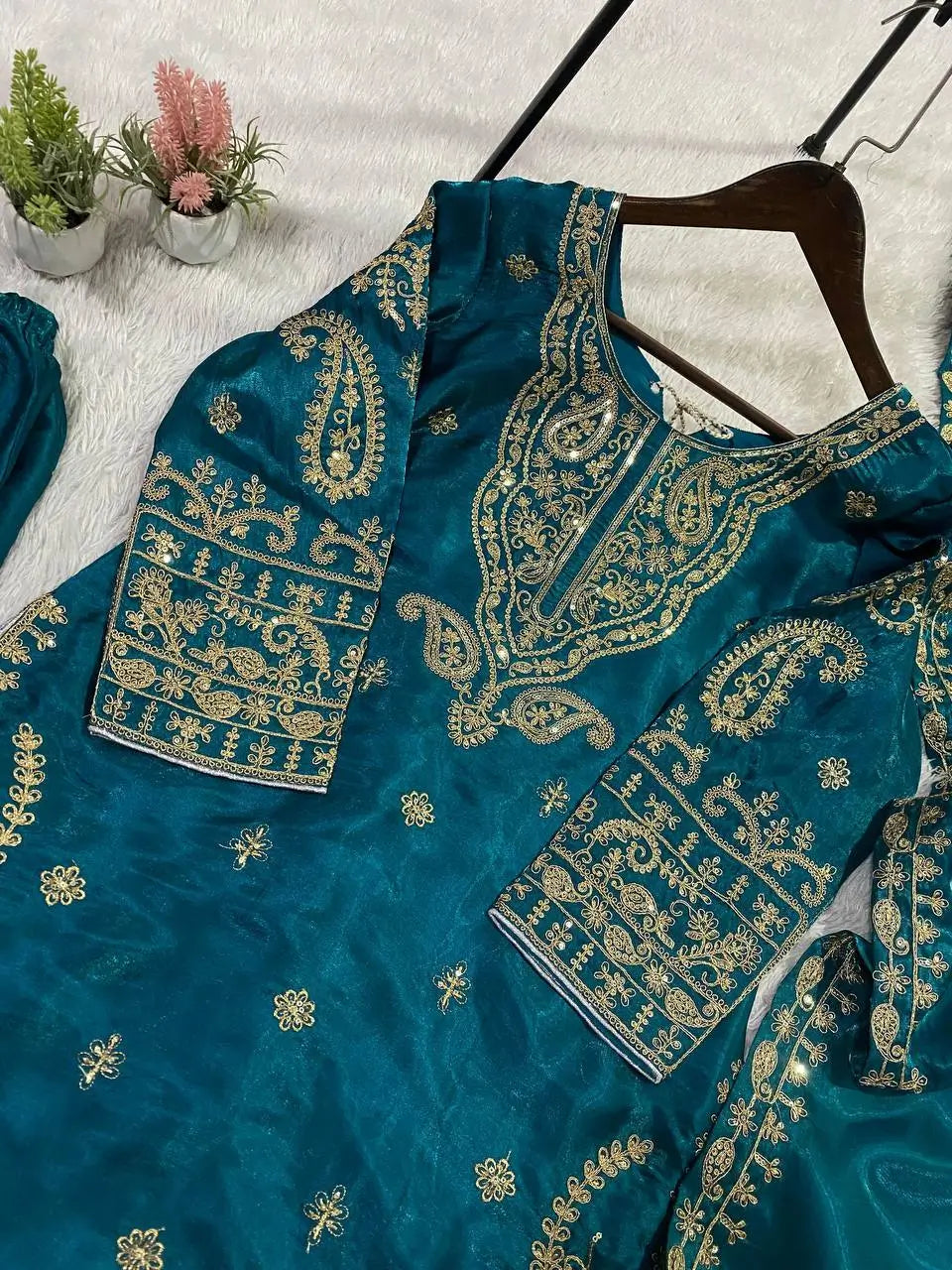Shop Glass Roman Embroidered Palazzo Suit Set with Dupatta for Wedding Festive Party Wear