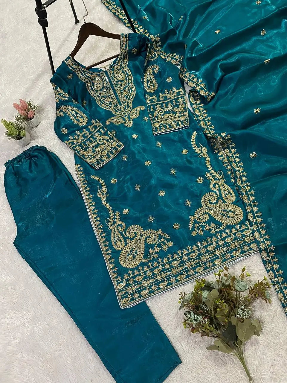 Shop Glass Roman Embroidered Palazzo Suit Set with Dupatta for Wedding Festive Party Wear