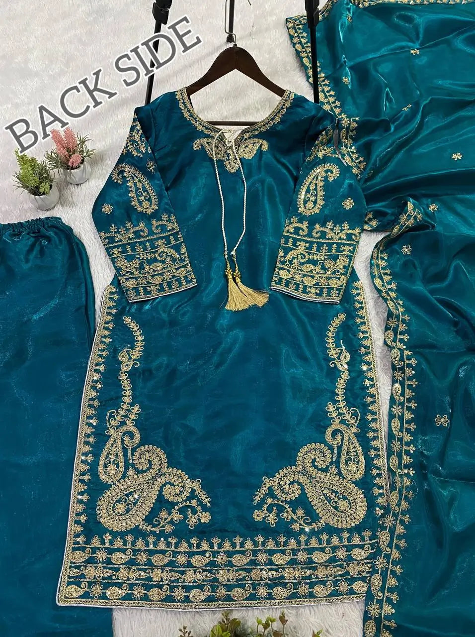 Shop Glass Roman Embroidered Palazzo Suit Set with Dupatta for Wedding Festive Party Wear