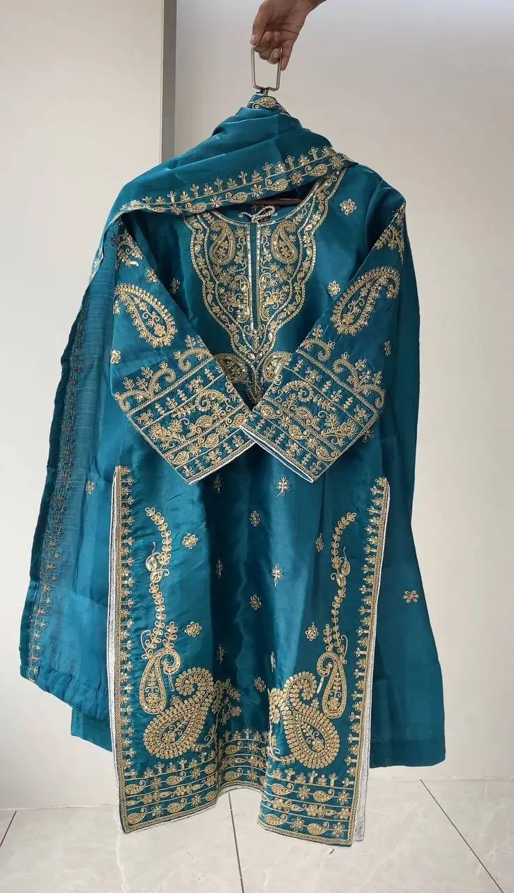 Shop Glass Roman Embroidered Palazzo Suit Set with Dupatta for Wedding Festive Party Wear
