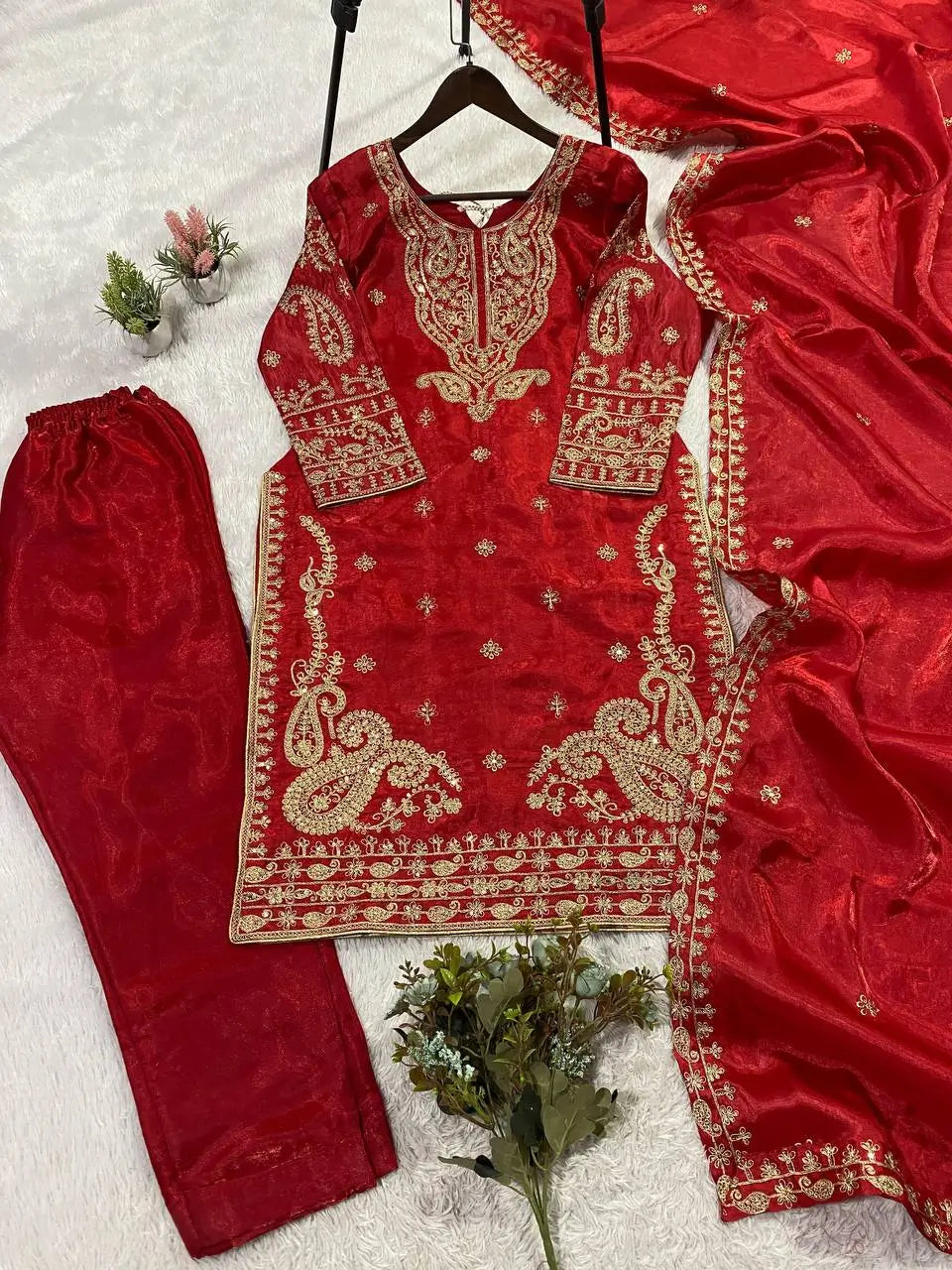 Shop Glass Roman Embroidered Palazzo Suit Set with Dupatta for Wedding Festive Party Wear