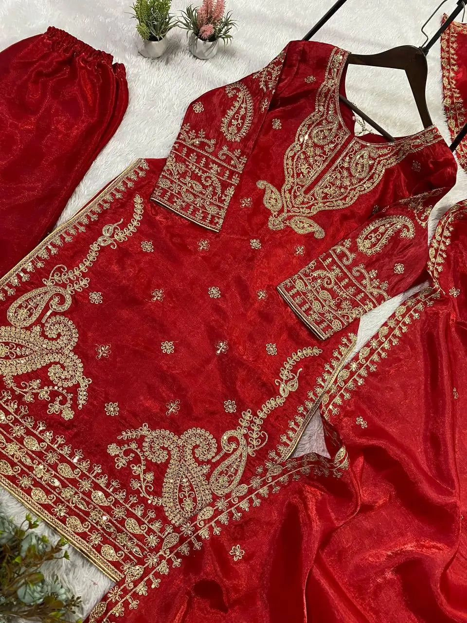 Shop Glass Roman Embroidered Palazzo Suit Set with Dupatta for Wedding Festive Party Wear