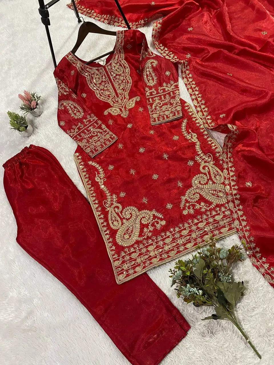 Shop Glass Roman Embroidered Palazzo Suit Set with Dupatta for Wedding Festive Party Wear