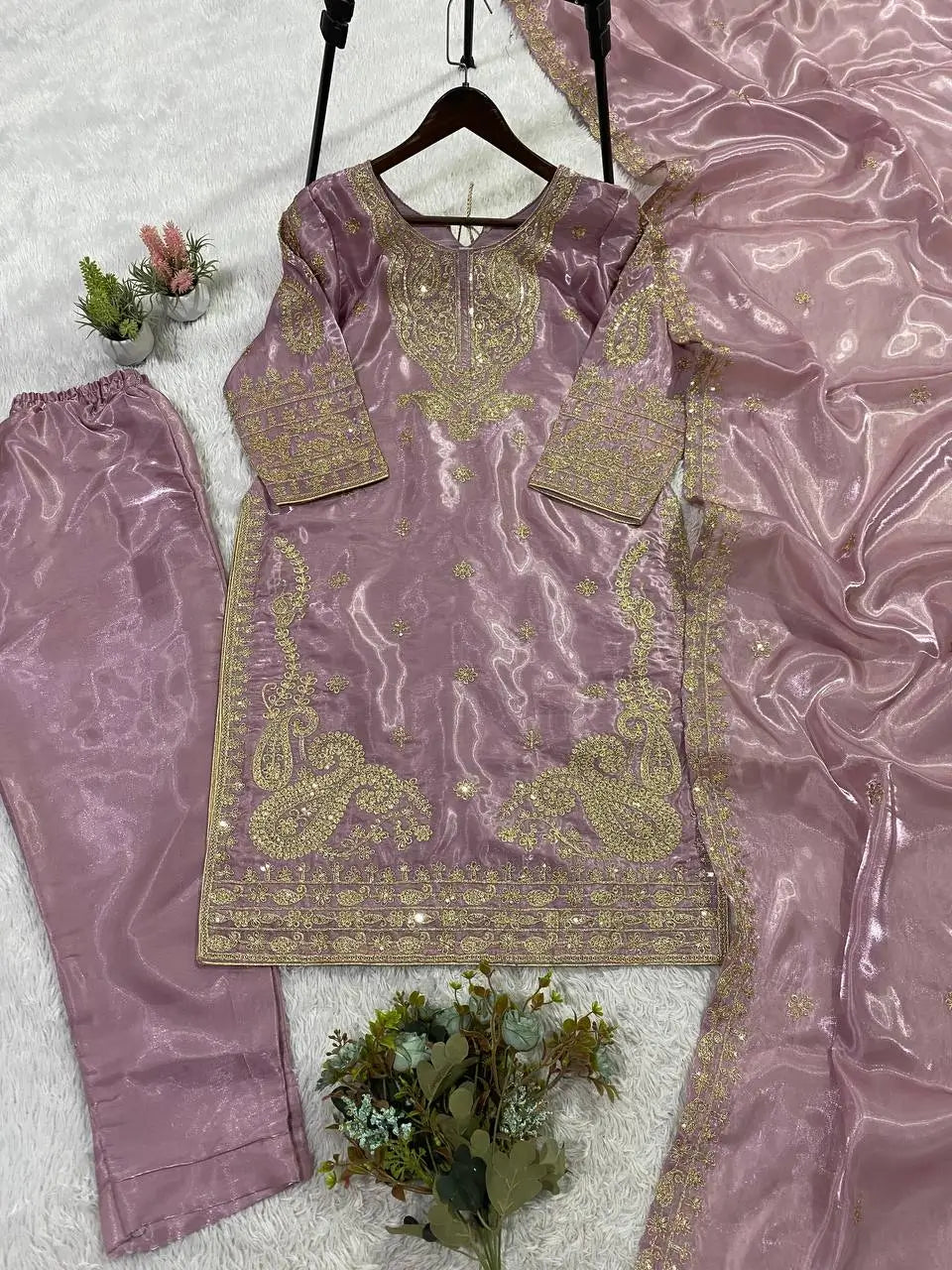 Shop Glass Roman Embroidered Palazzo Suit Set with Dupatta for Wedding Festive Party Wear