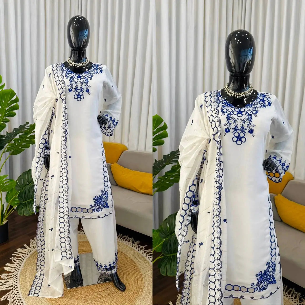 Shop Mull Chanderi Embroidered Farshi Salwar Suit with Dupatta for Festive Formal Casual Wear