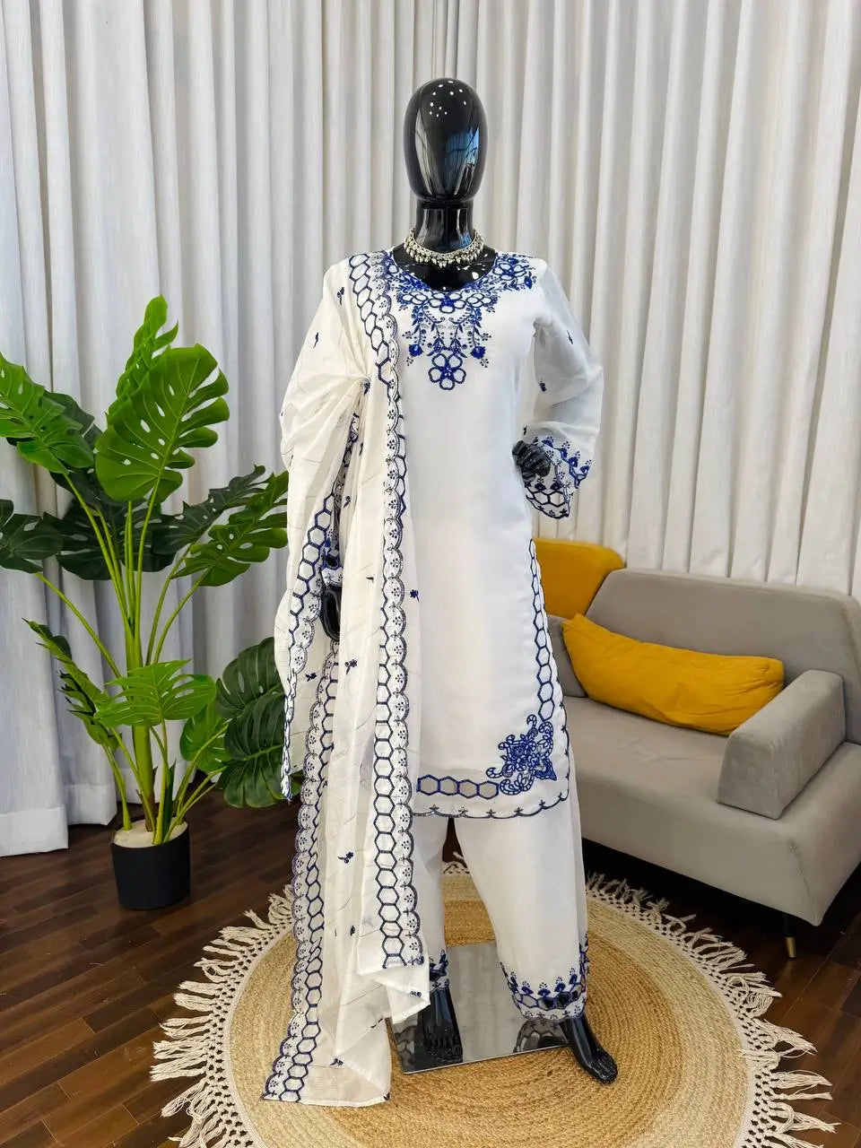 Shop Mull Chanderi Embroidered Farshi Salwar Suit with Dupatta for Festive Formal Casual Wear