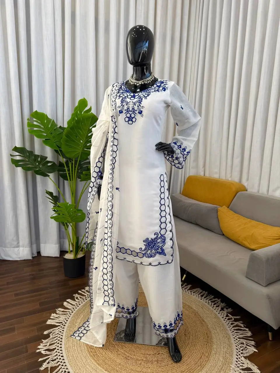 Shop Mull Chanderi Embroidered Farshi Salwar Suit with Dupatta for Festive Formal Casual Wear