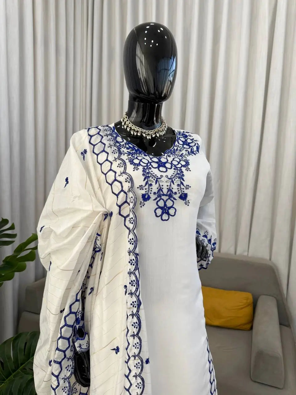 Shop Mull Chanderi Embroidered Farshi Salwar Suit with Dupatta for Festive Formal Casual Wear