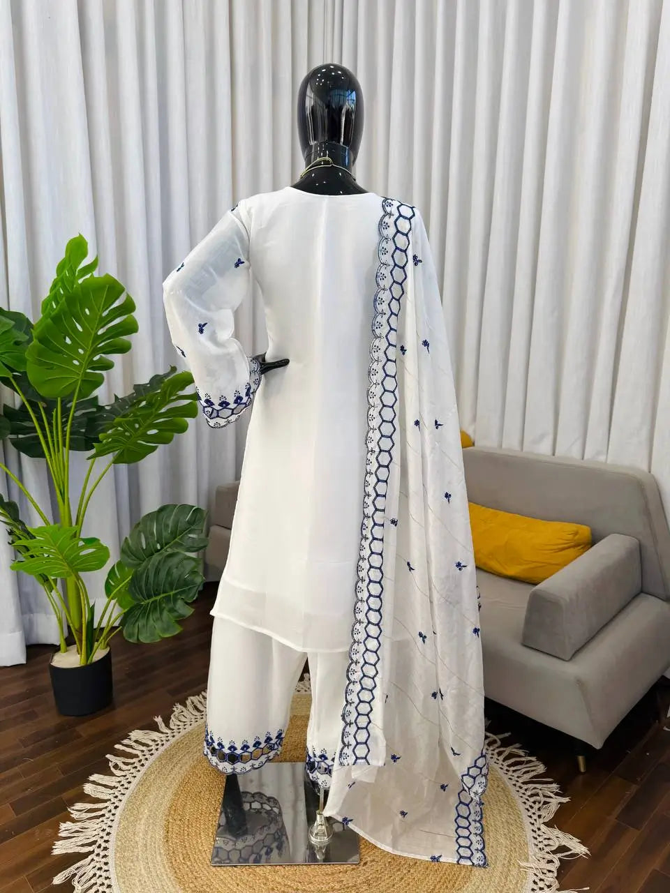 Shop Mull Chanderi Embroidered Farshi Salwar Suit with Dupatta for Festive Formal Casual Wear