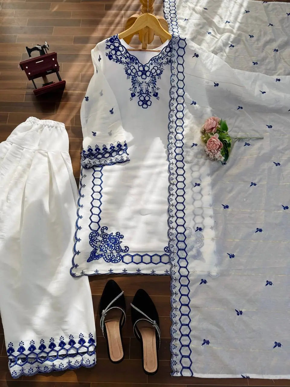 Shop Mull Chanderi Embroidered Farshi Salwar Suit with Dupatta for Festive Formal Casual Wear