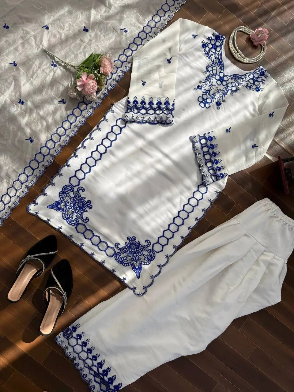 Shop Mull Chanderi Embroidered Farshi Salwar Suit with Dupatta for Festive Formal Casual Wear
