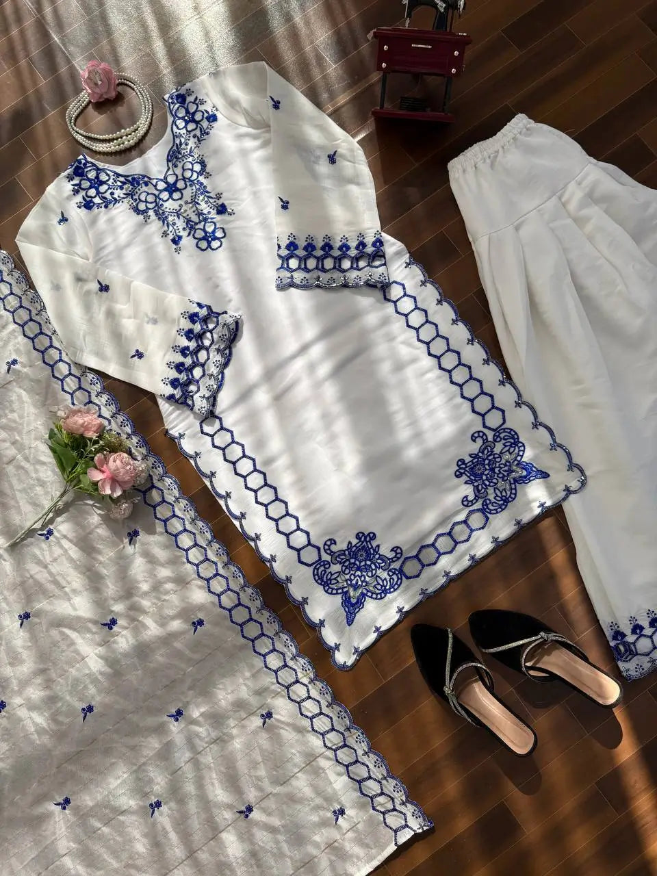 Shop Mull Chanderi Embroidered Farshi Salwar Suit with Dupatta for Festive Formal Casual Wear