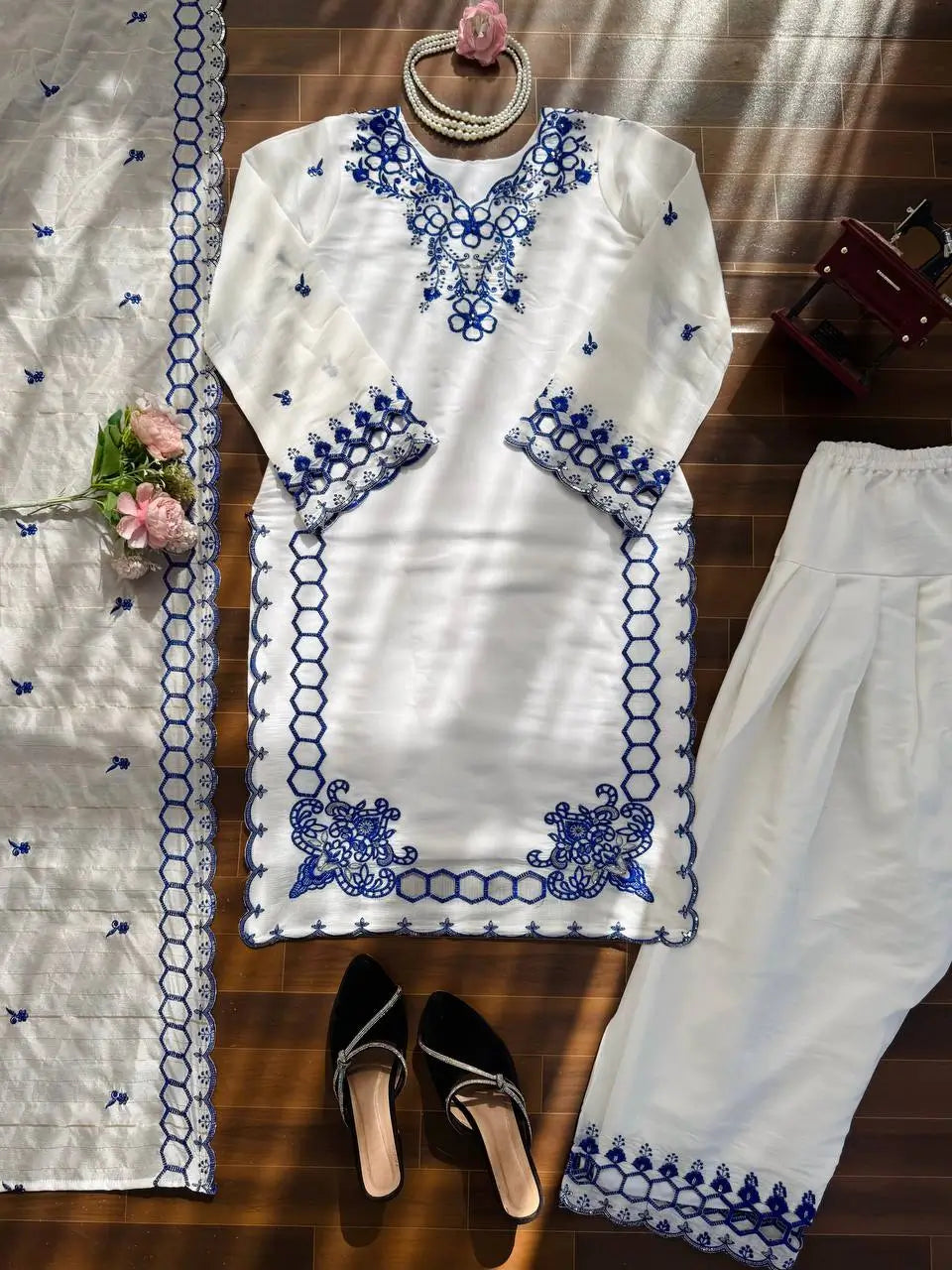 Shop Mull Chanderi Embroidered Farshi Salwar Suit with Dupatta for Festive Formal Casual Wear