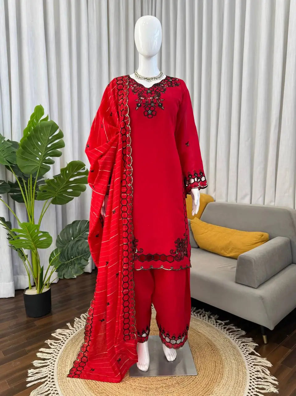 Shop Mull Chanderi Embroidered Farshi Salwar Suit with Dupatta for Festive Formal Casual Wear