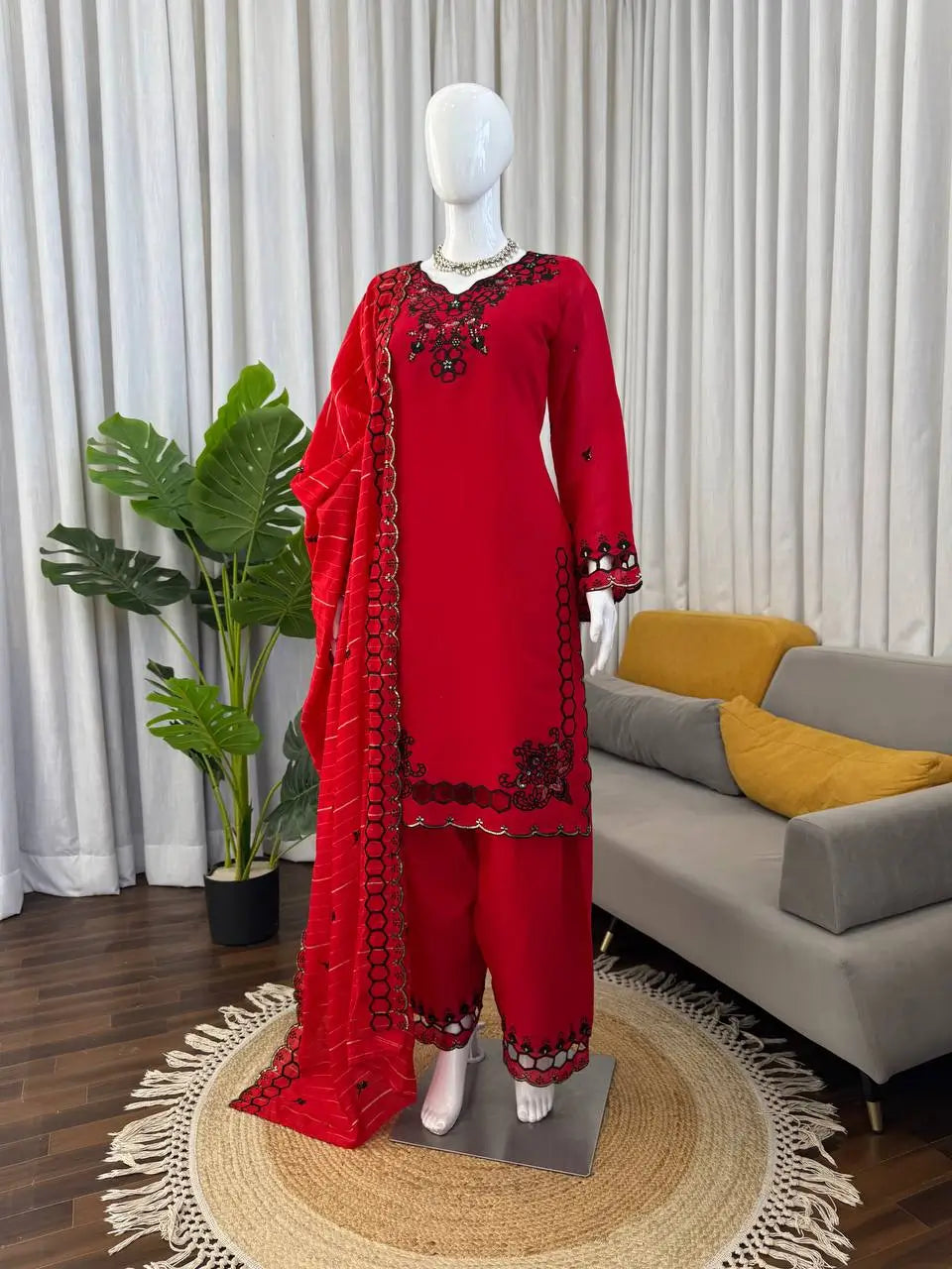 Shop Mull Chanderi Embroidered Farshi Salwar Suit with Dupatta for Festive Formal Casual Wear