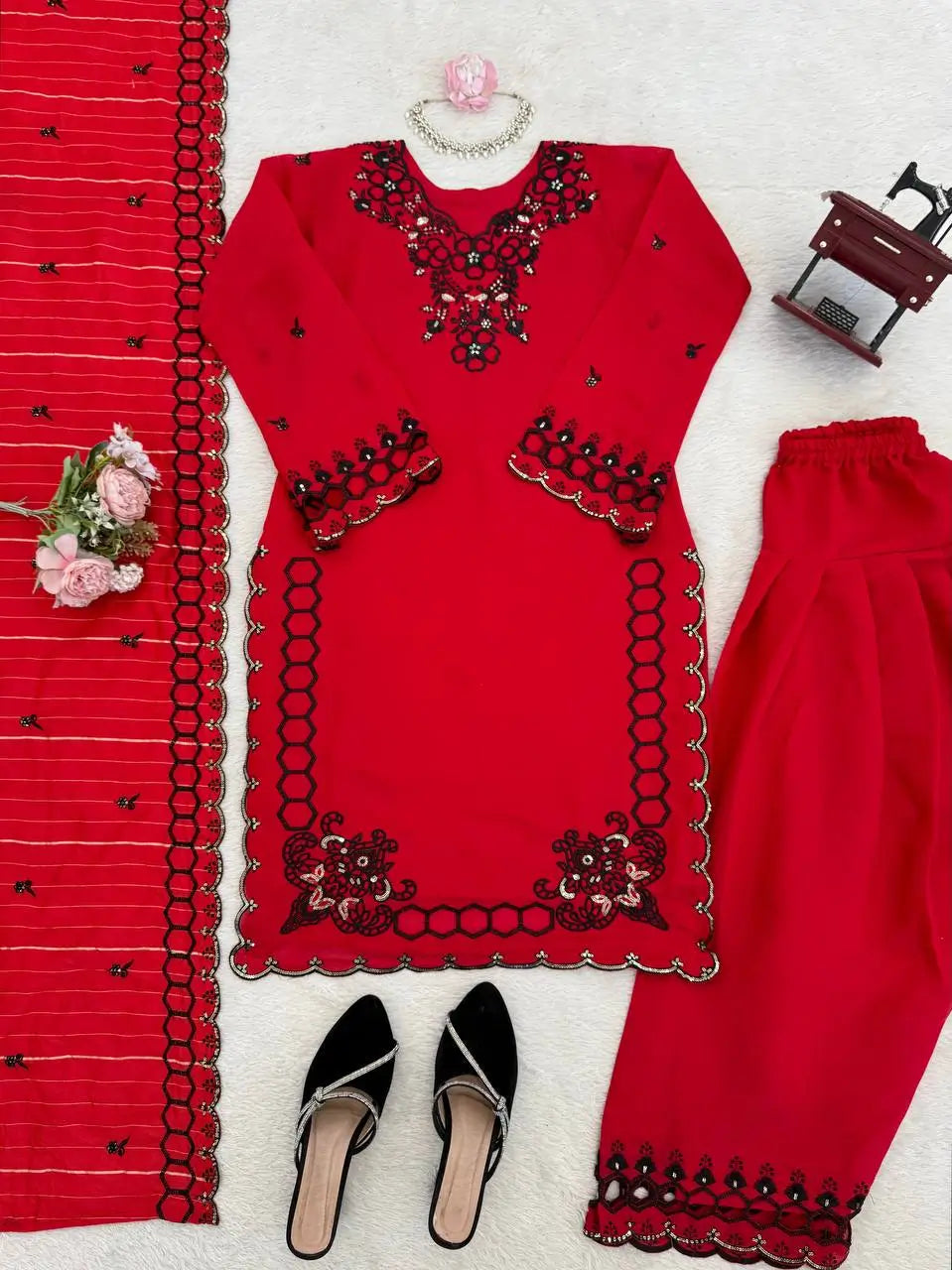 Shop Mull Chanderi Embroidered Farshi Salwar Suit with Dupatta for Festive Formal Casual Wear