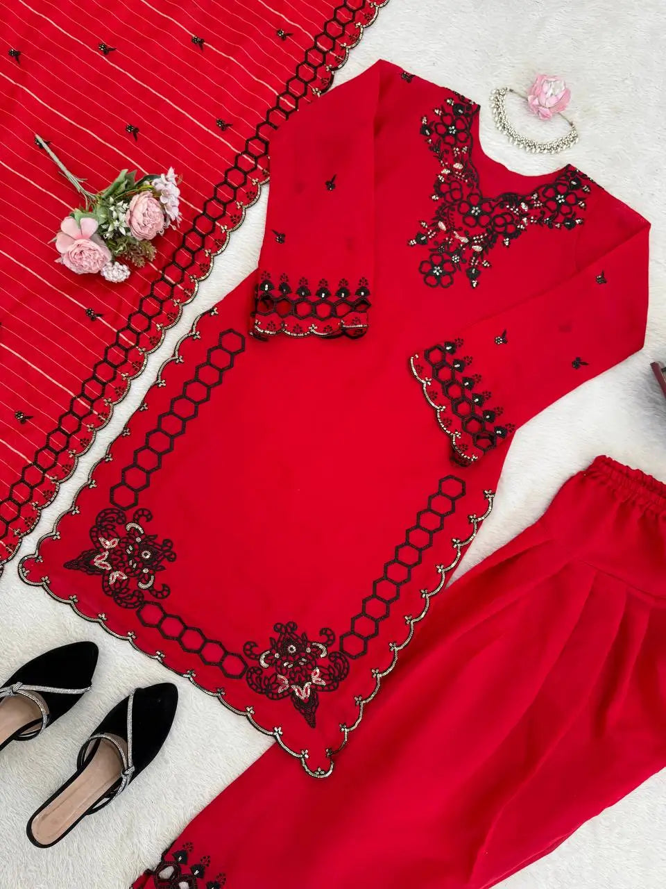 Shop Mull Chanderi Embroidered Farshi Salwar Suit with Dupatta for Festive Formal Casual Wear