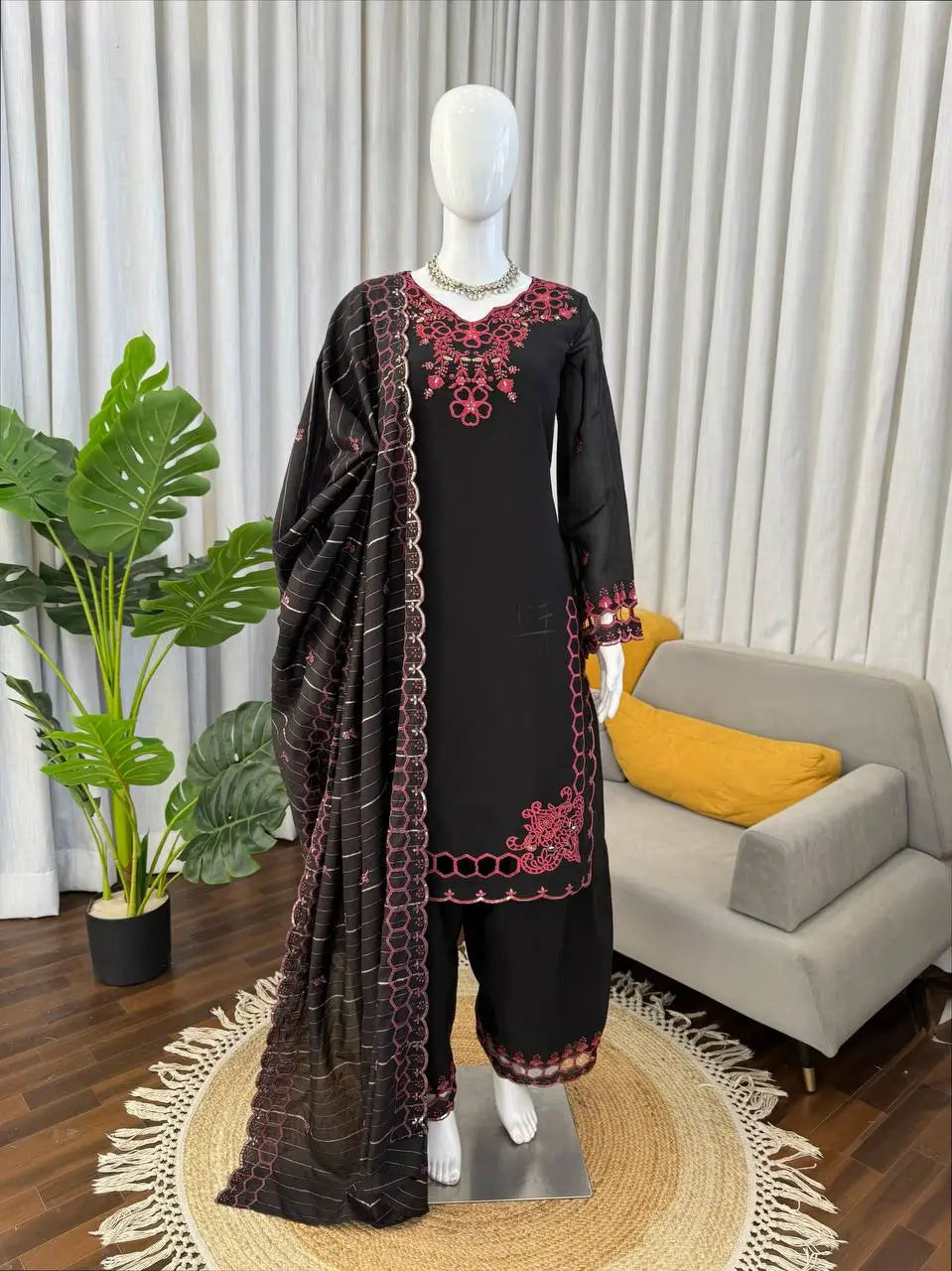 Shop Mull Chanderi Embroidered Farshi Salwar Suit with Dupatta for Festive Formal Casual Wear