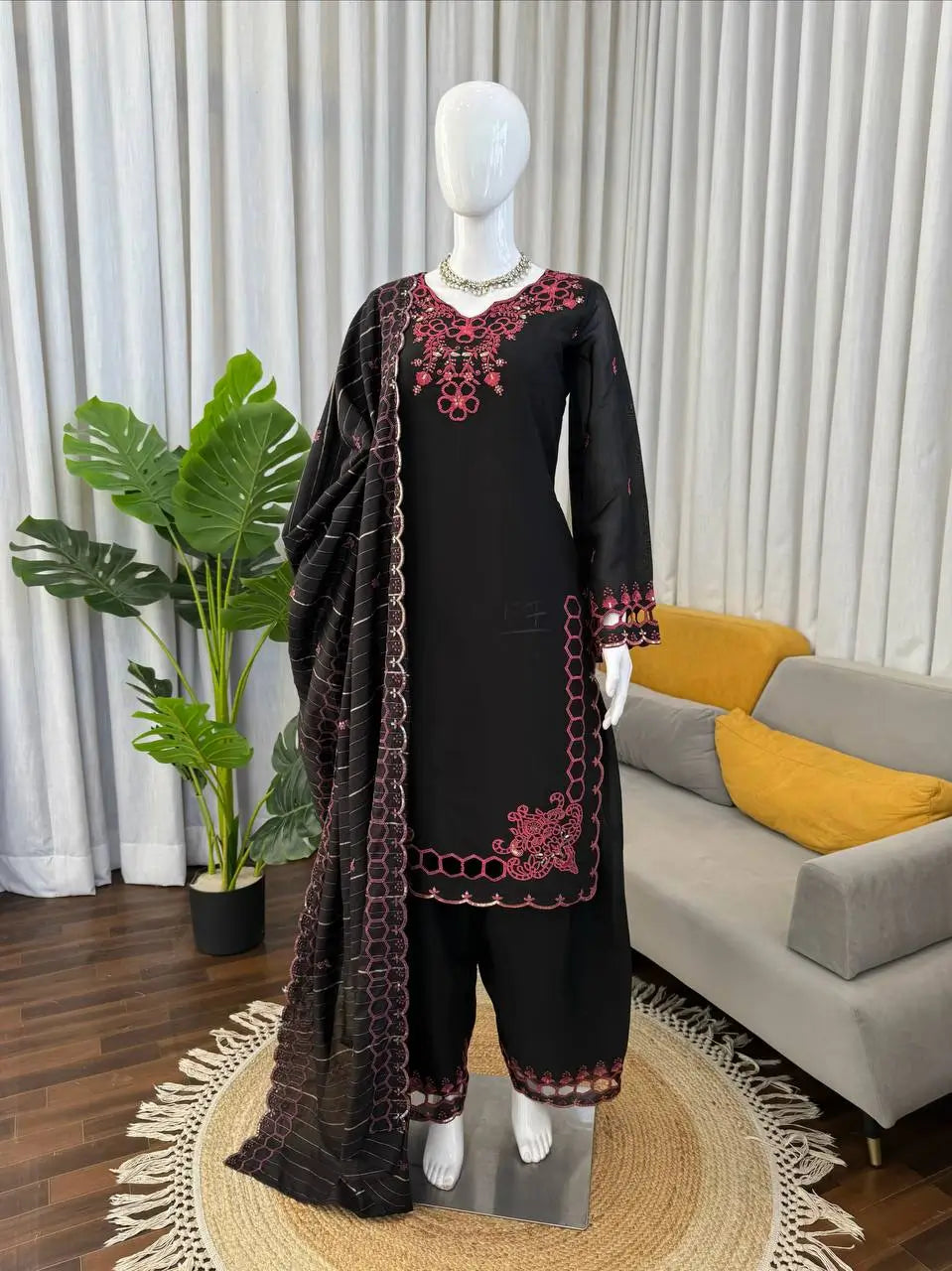 Shop Mull Chanderi Embroidered Farshi Salwar Suit with Dupatta for Festive Formal Casual Wear