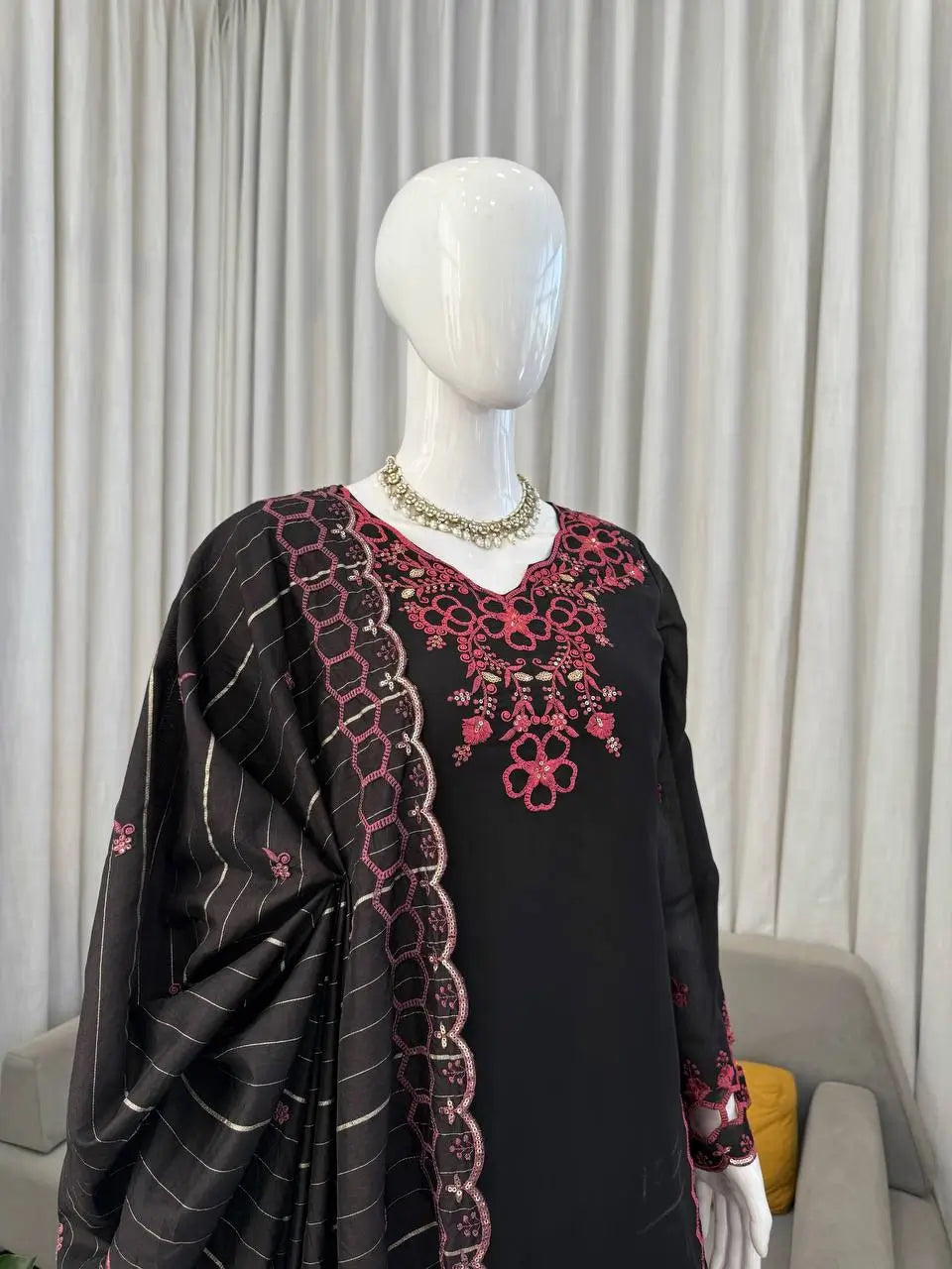 Shop Mull Chanderi Embroidered Farshi Salwar Suit with Dupatta for Festive Formal Casual Wear