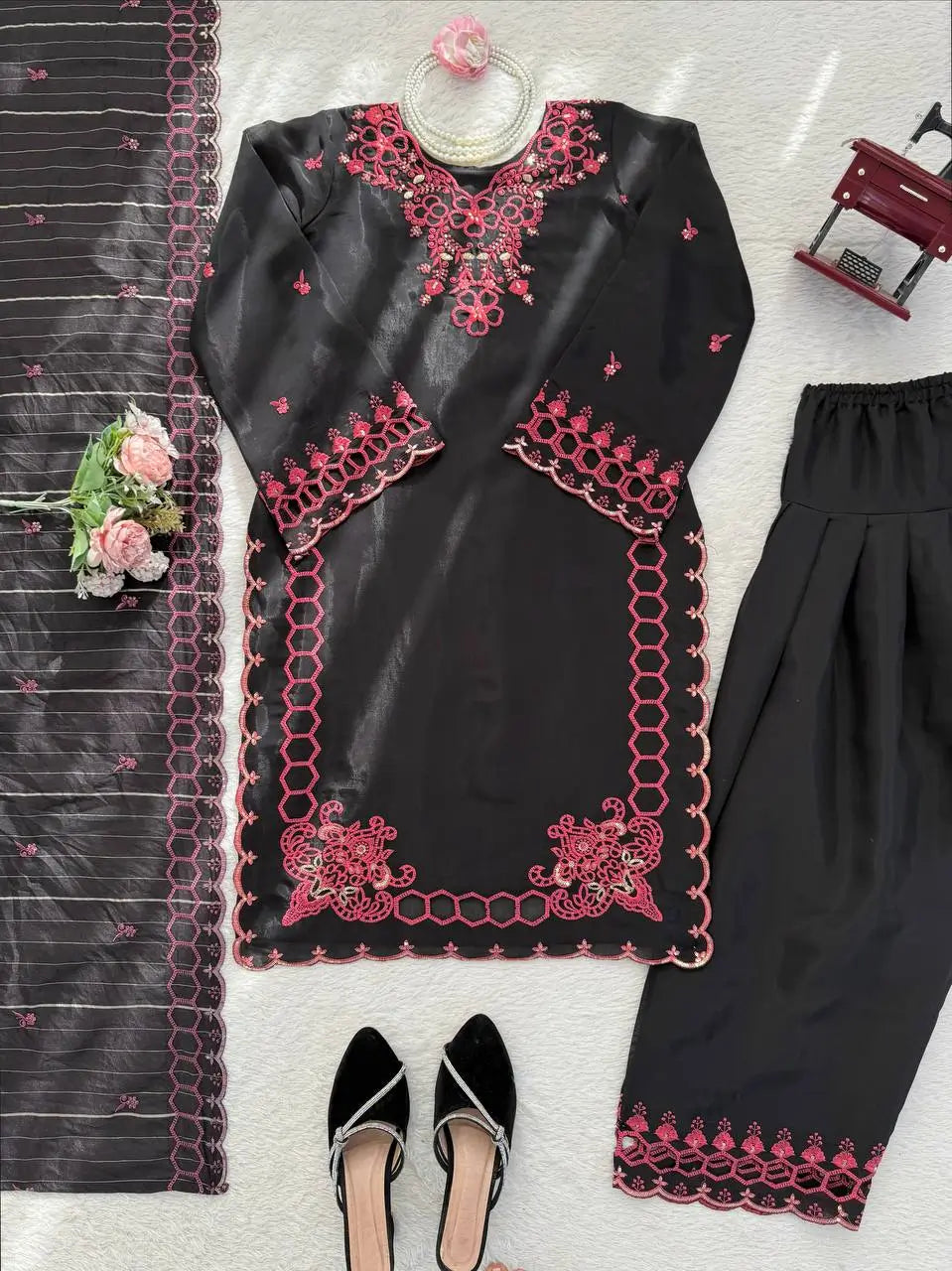 Shop Mull Chanderi Embroidered Farshi Salwar Suit with Dupatta for Festive Formal Casual Wear
