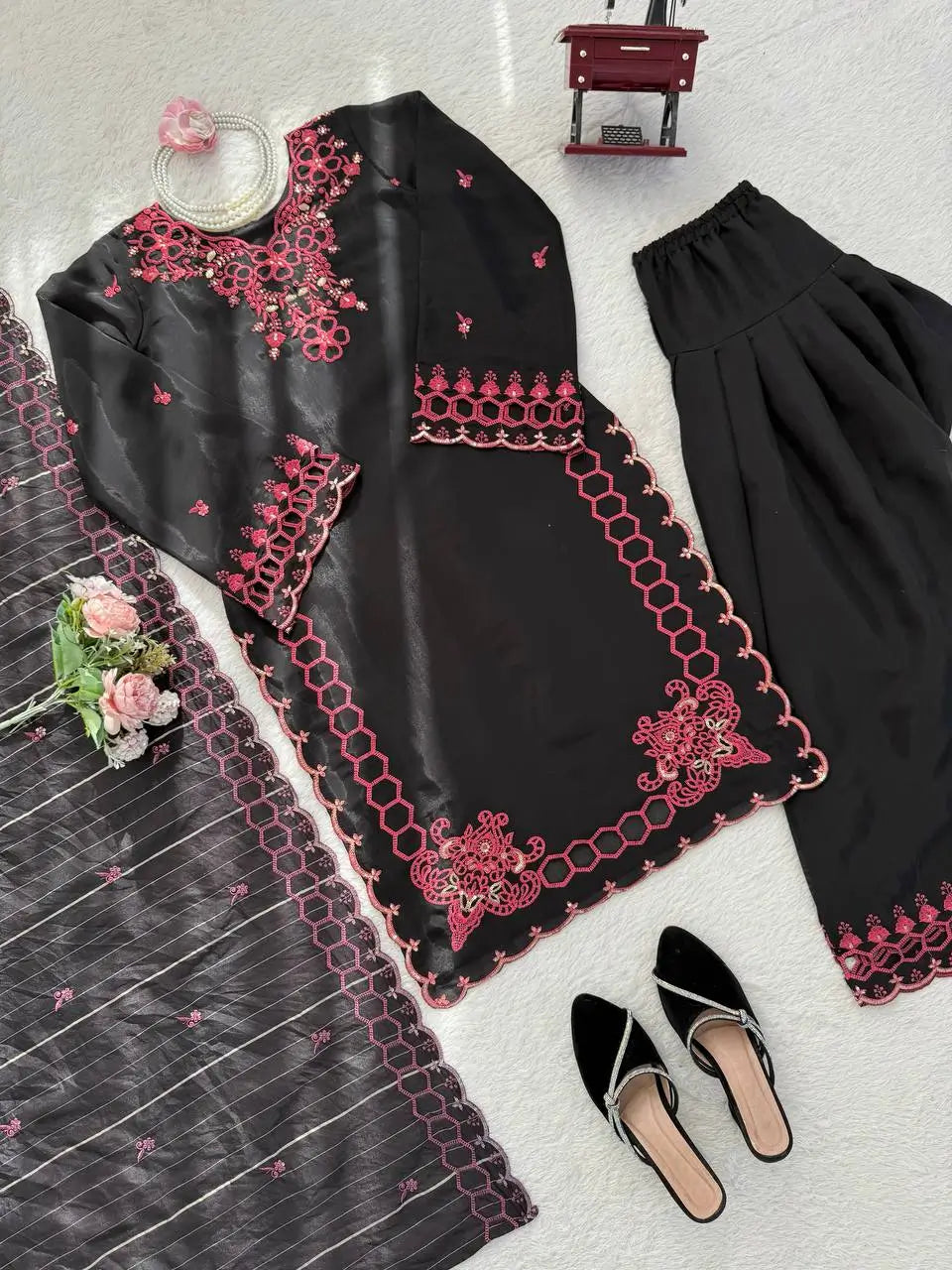 Shop Mull Chanderi Embroidered Farshi Salwar Suit with Dupatta for Festive Formal Casual Wear