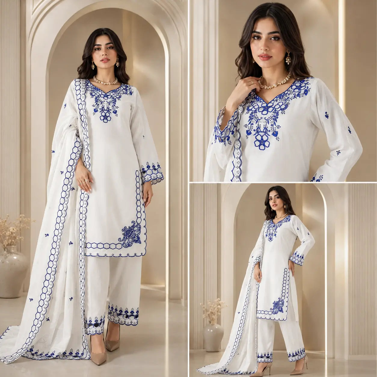 Shop Mull Chanderi Embroidered Farshi Salwar Suit with Dupatta for Festive Formal Casual Wear
