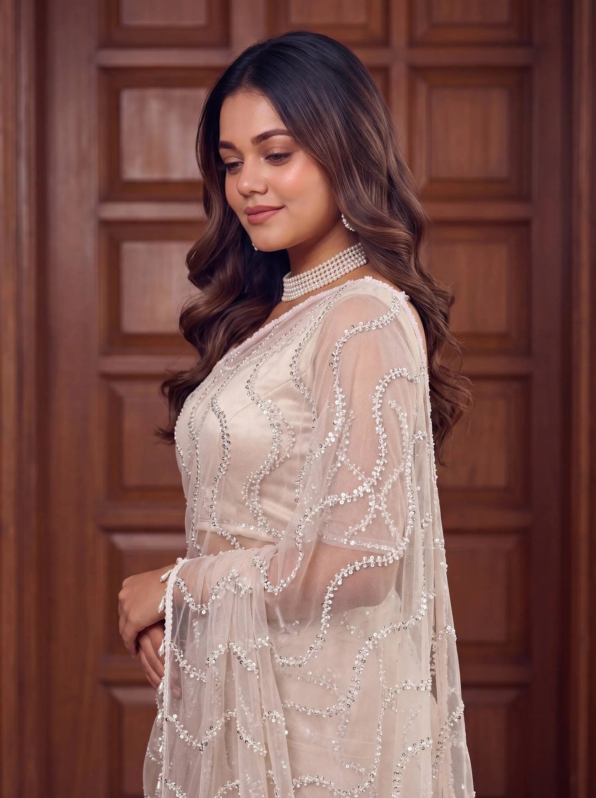 Shop Net Embroidered Saree with Beads Sequence Pearls Work for Wedding Party Festive Wear