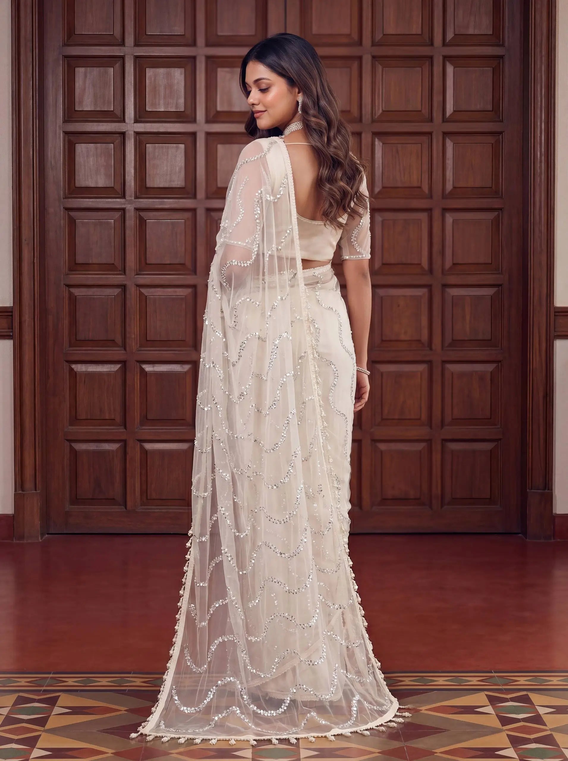 Shop Net Embroidered Saree with Beads Sequence Pearls Work for Wedding Party Festive Wear
