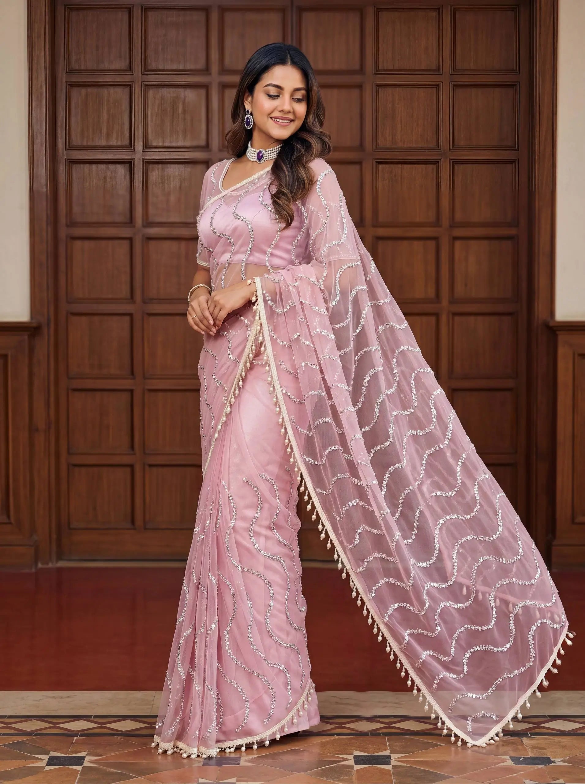Shop Net Embroidered Saree with Beads Sequence Pearls Work for Wedding Party Festive Wear