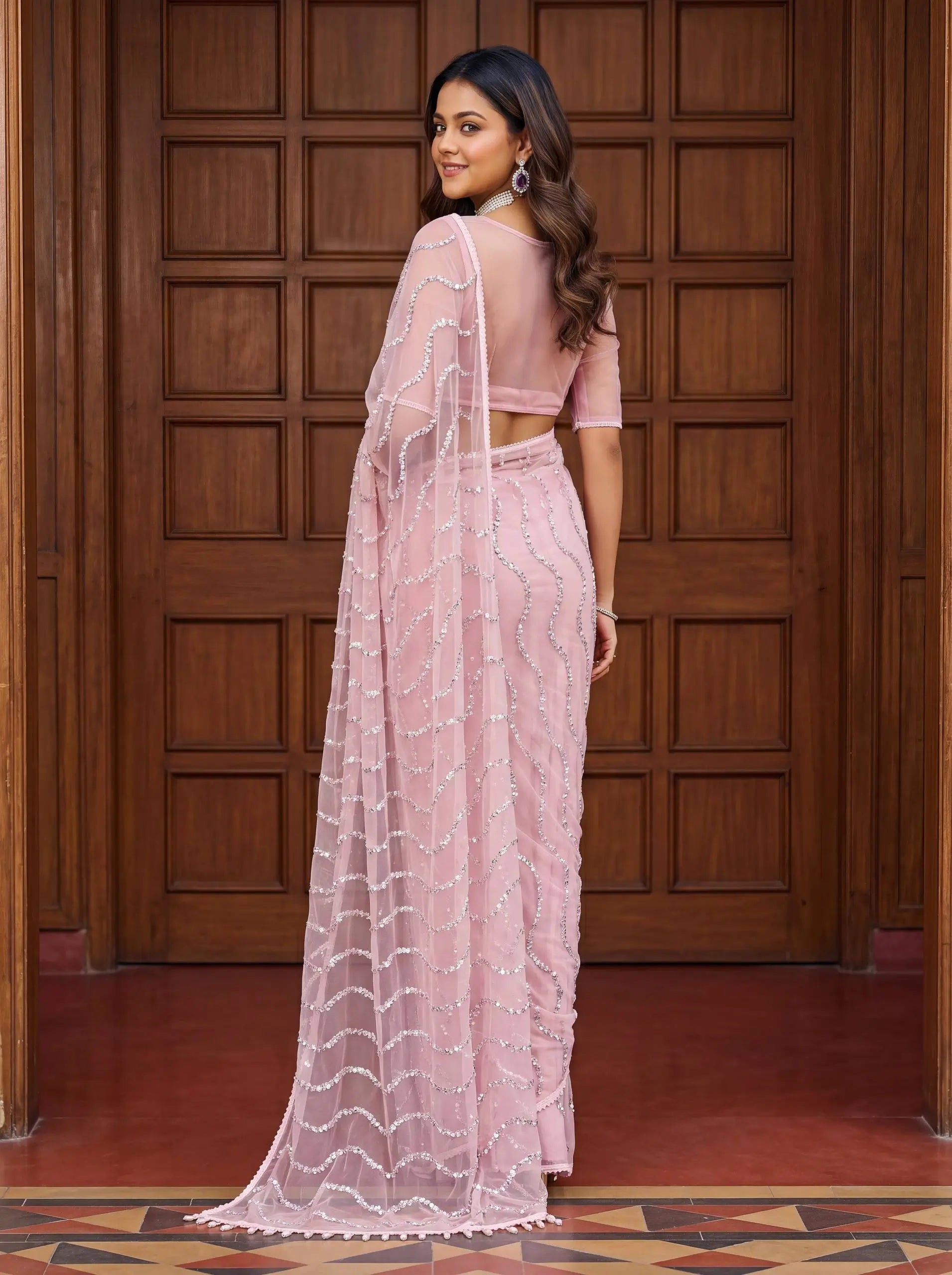 Shop Net Embroidered Saree with Beads Sequence Pearls Work for Wedding Party Festive Wear