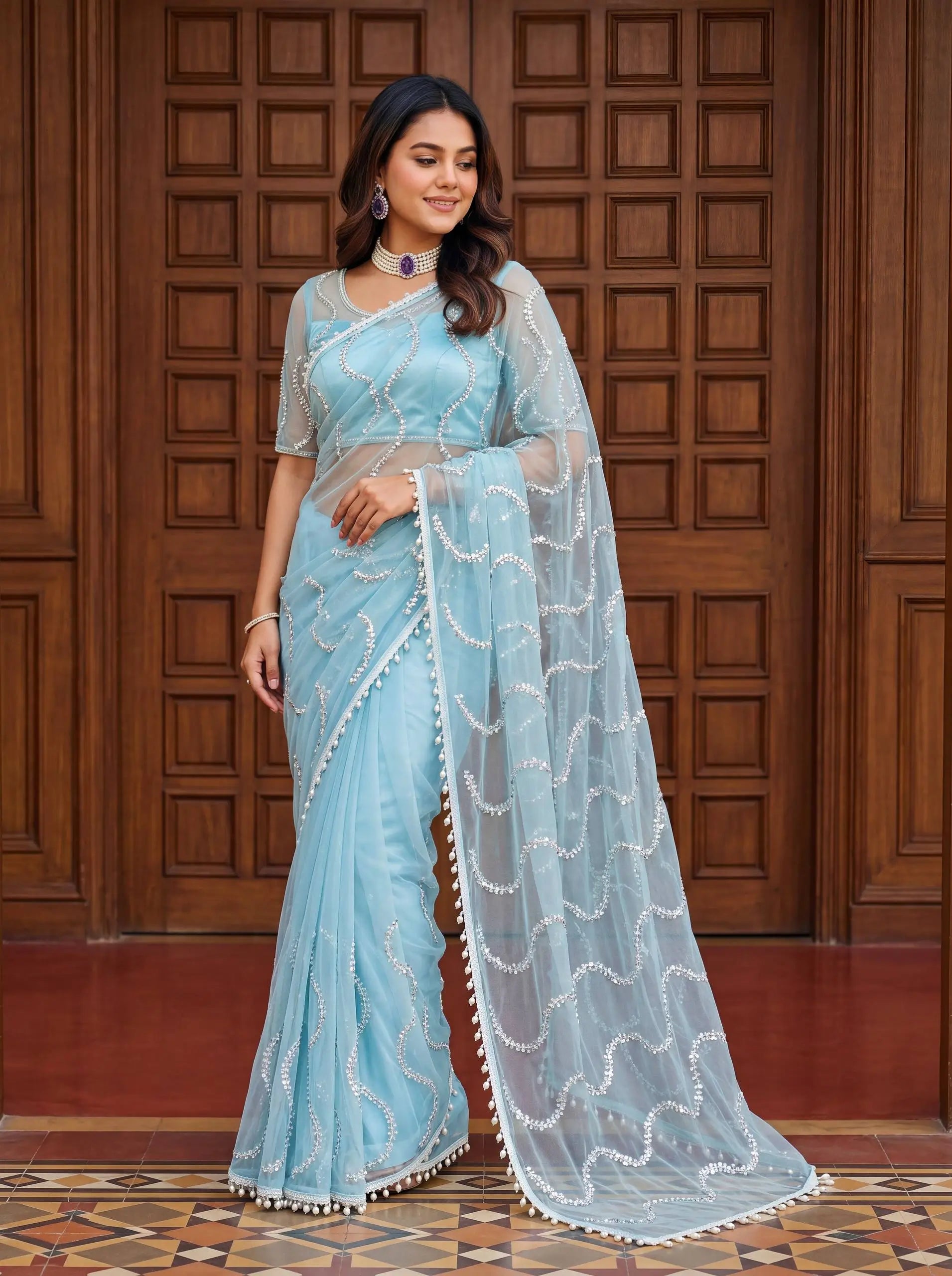 Shop Net Embroidered Saree with Beads Sequence Pearls Work for Wedding Party Festive Wear