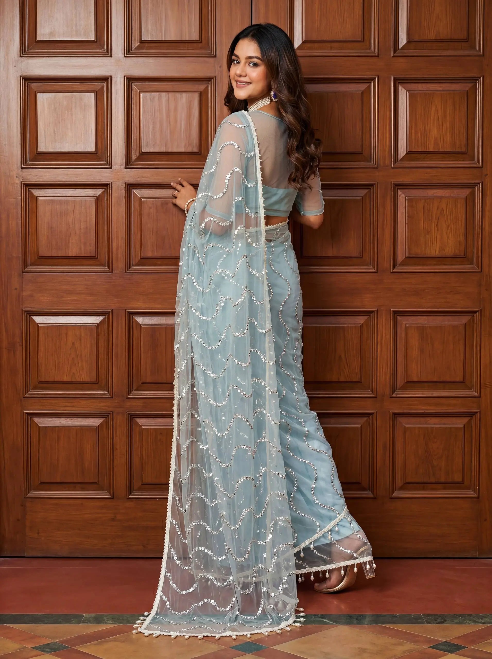 Shop Net Embroidered Saree with Beads Sequence Pearls Work for Wedding Party Festive Wear