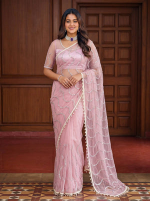 Shop Net Embroidered Saree with Beads Sequence Pearls Work for Wedding Party Festive Wear