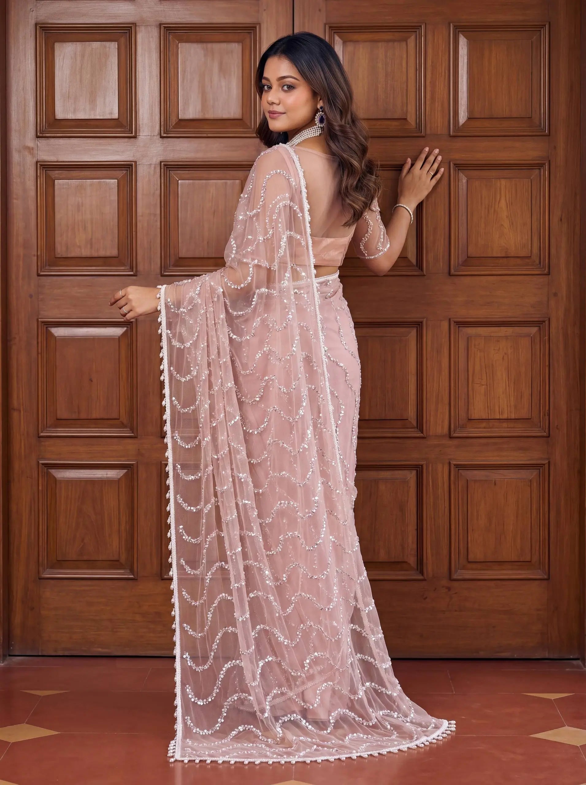 Shop Net Embroidered Saree with Beads Sequence Pearls Work for Wedding Party Festive Wear