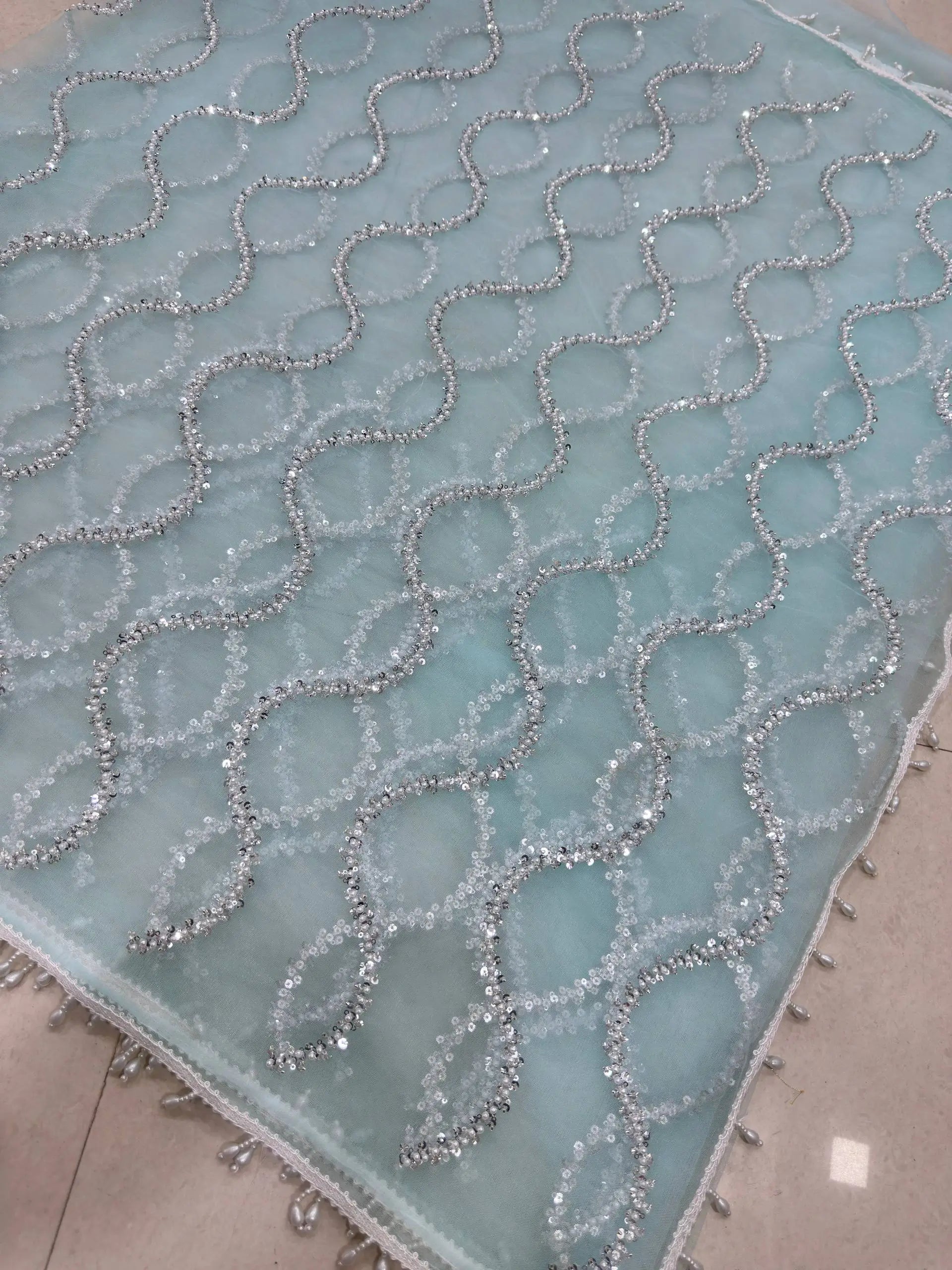 Shop Net Embroidered Saree with Beads Sequence Pearls Work for Wedding Party Festive Wear