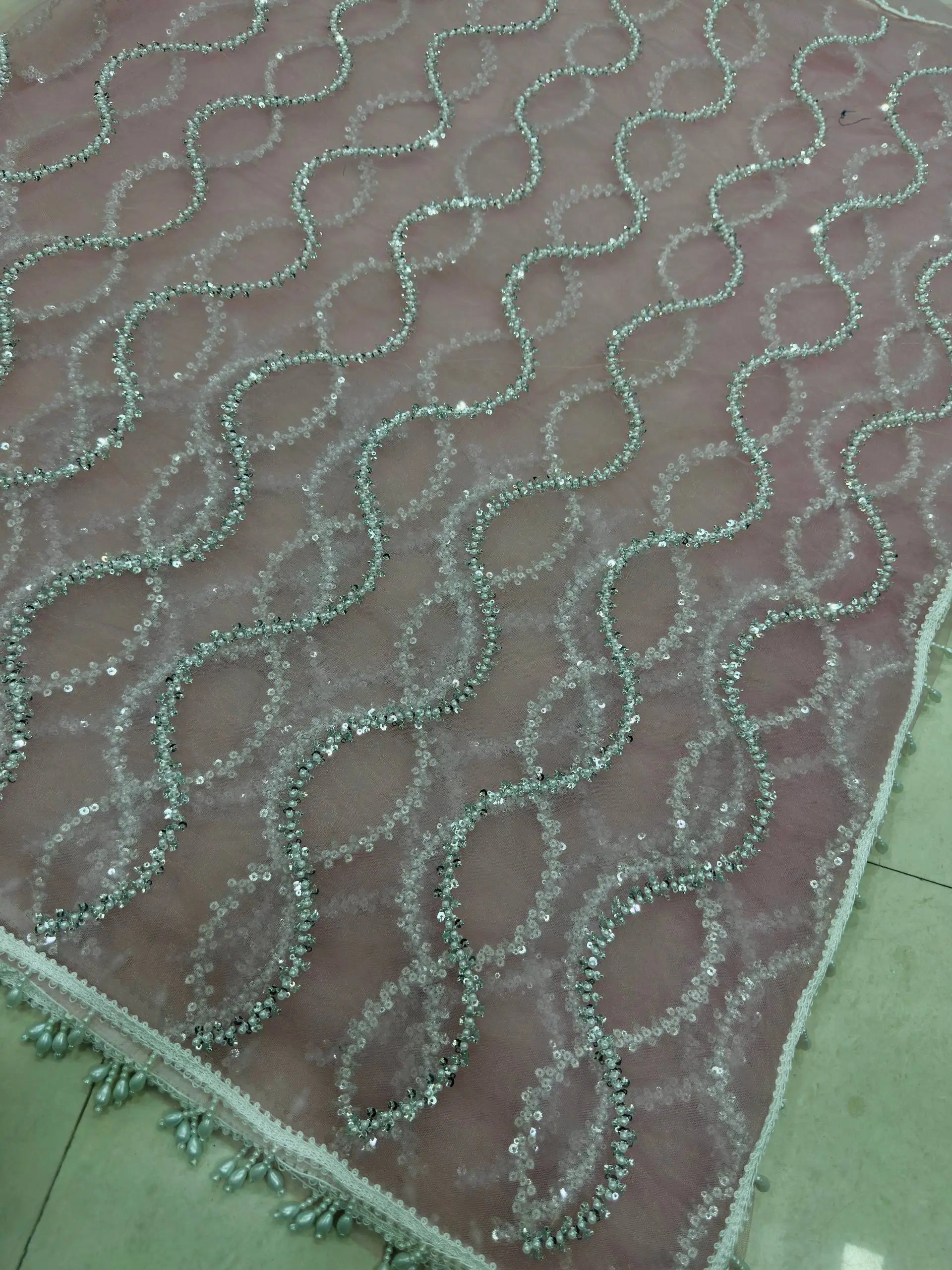 Shop Net Embroidered Saree with Beads Sequence Pearls Work for Wedding Party Festive Wear