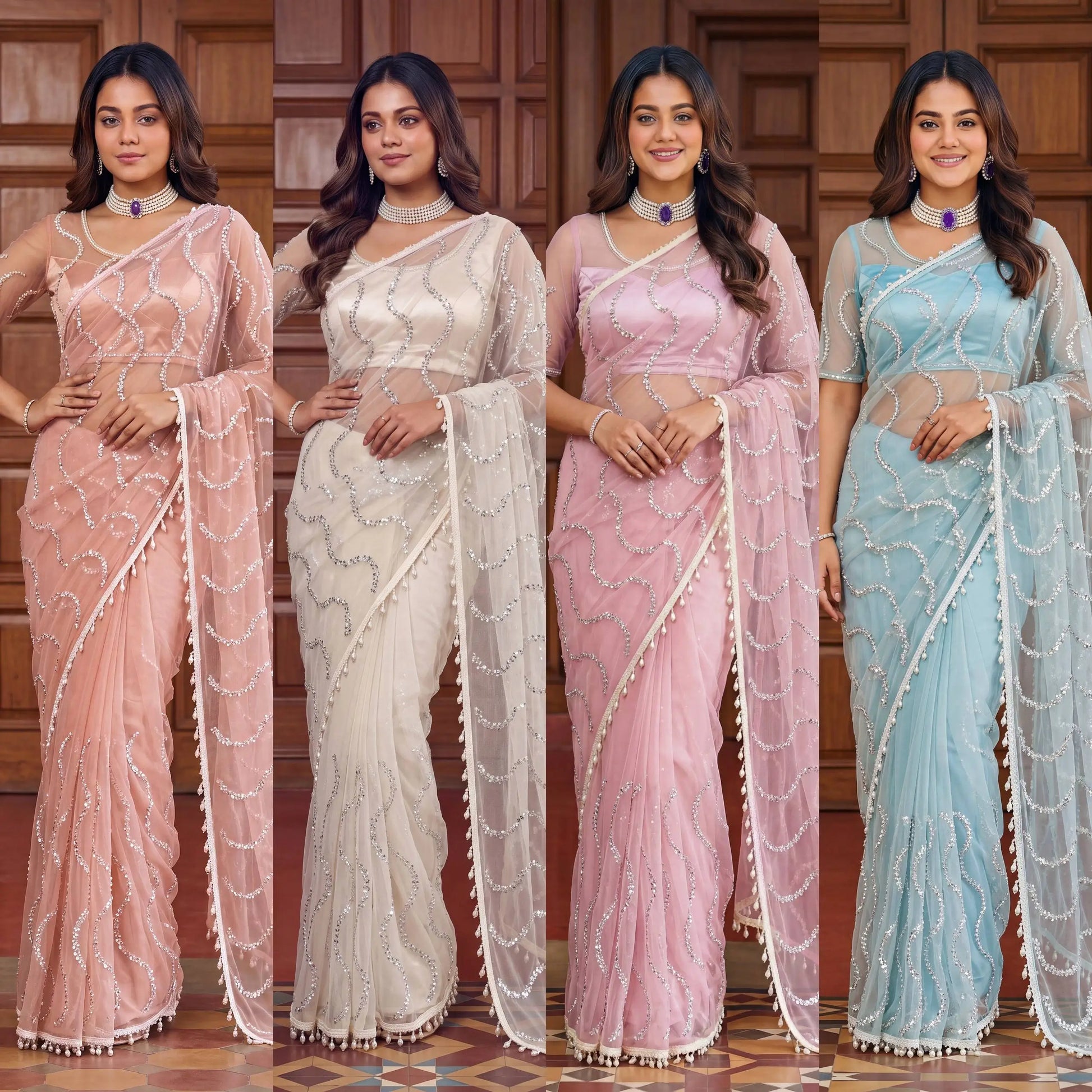 Shop Net Embroidered Saree with Beads Sequence Pearls Work for Wedding Party Festive Wear