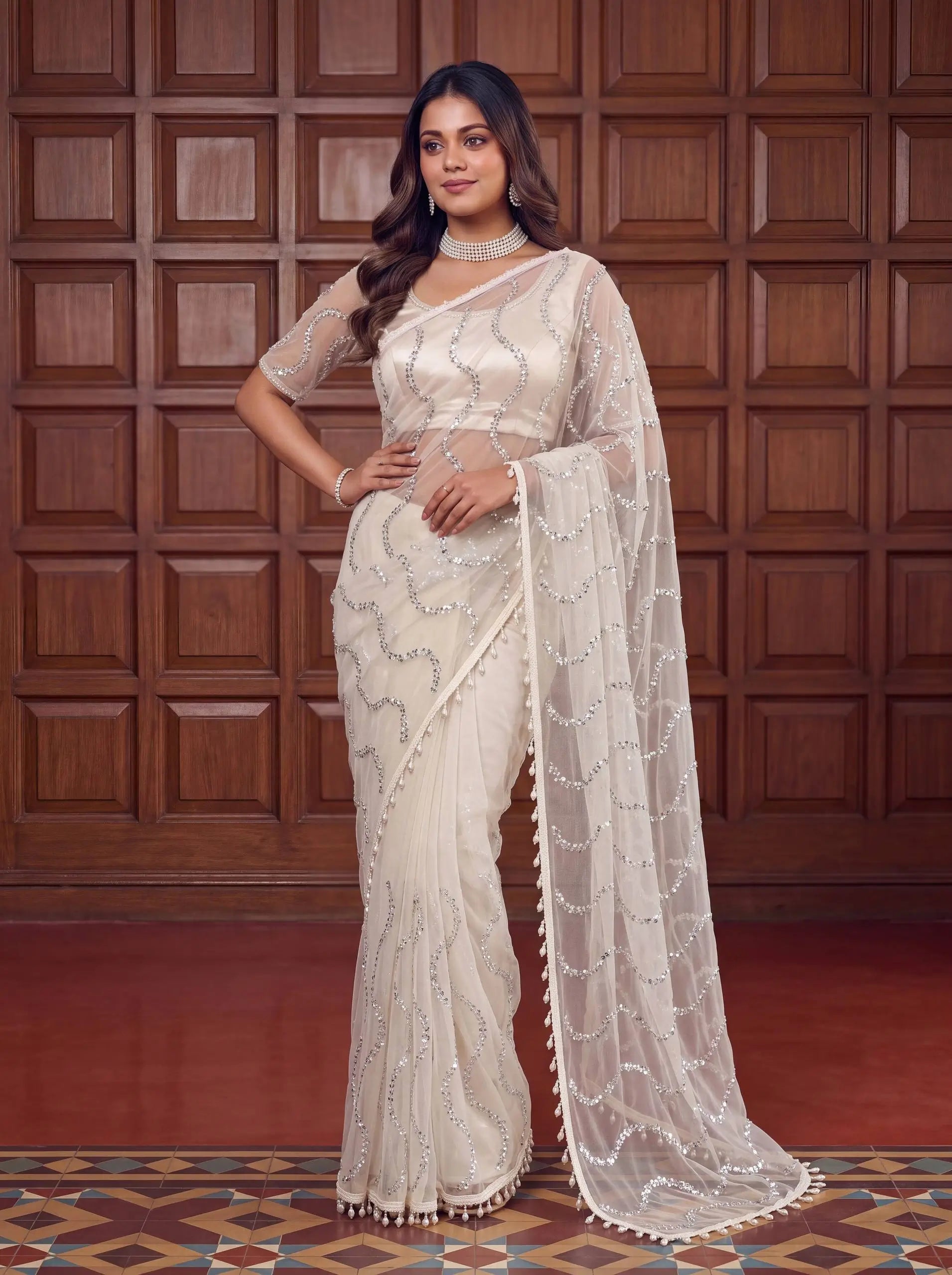 Shop Net Embroidered Saree with Beads Sequence Pearls Work for Wedding Party Festive Wear