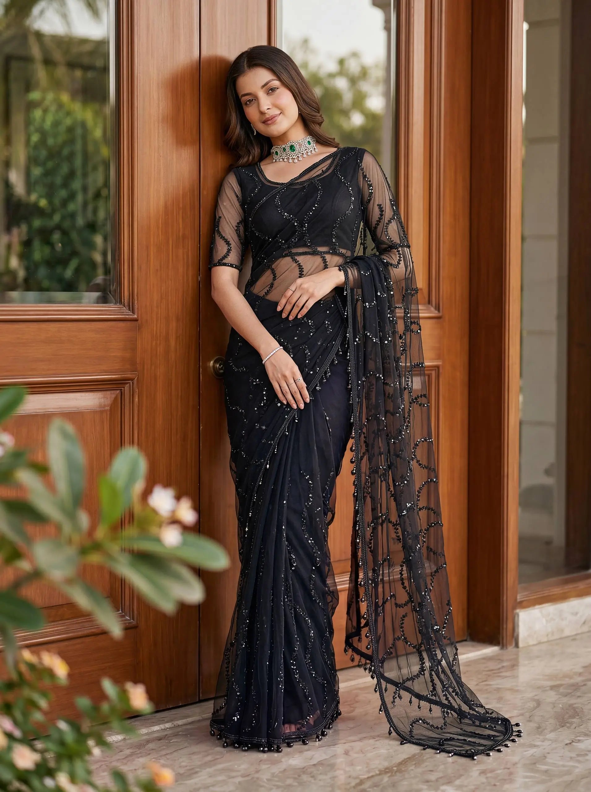 Shop Net Embroidered Saree with Beads Sequence Pearls Work for Wedding Party Festive Wear